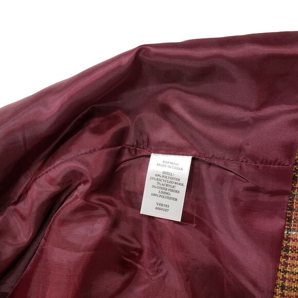 Coldwater Creek 16 Plaid Blazer Women Gold Plum Recycled Wool Blend Frayed Edges - Picture 7 of 11